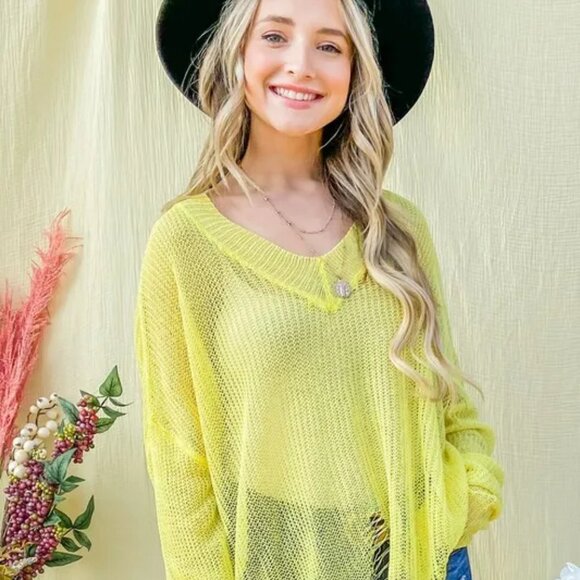 And The Why Distressed Mesh V Neck Spring Sweater Cover Up - Picture 1 of 9